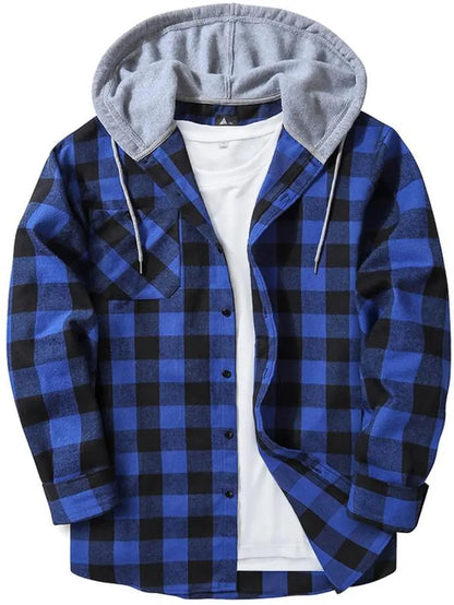 Men'S Plaid Print Button Front Drawstring Hooded Shirt, Regular Fit Casual Long Sleeve Pocket Top, Men'S Clothes for Daily Wear