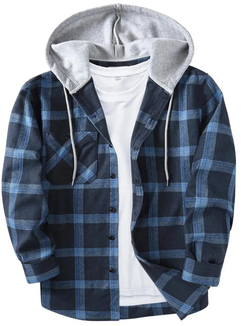 Men'S Plaid Print Button Front Drawstring Hooded Shirt, Regular Fit Casual Long Sleeve Pocket Top, Men'S Clothes for Daily Wear