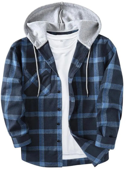 Men'S Plaid Print Button Front Drawstring Hooded Shirt, Regular Fit Casual Long Sleeve Pocket Top, Men'S Clothes for Daily Wear
