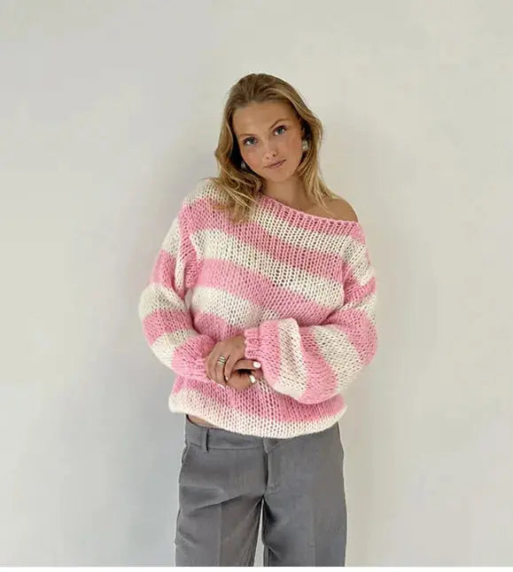 Loose Striped Pullover Sweater Fashion Versatile Long-sleeved Knitted Tops For Women Clothing Velarano