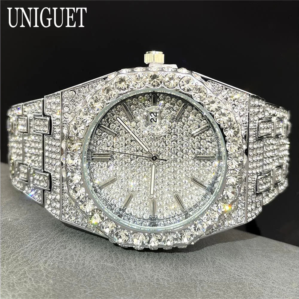 Fashion Iced Out Silver Mens Watch Luxury