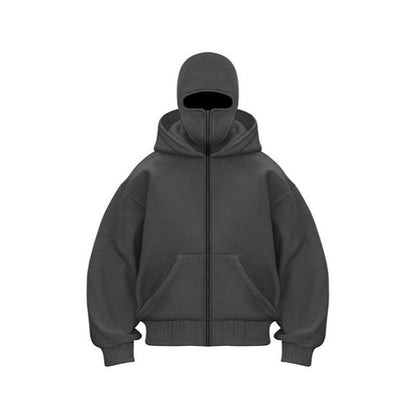 Balaclava Hoodie with Built-In Zip - Black Polyester Long Sleeve Men'S Athletic Sweatshirt for Autumn Winter Sports & Casual Wear