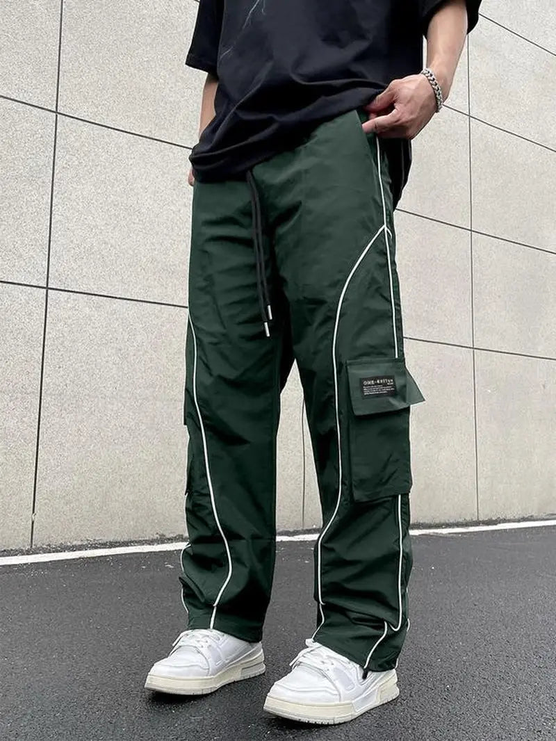 Men'S Loose Letter Patched Contrast Binding Pocket Detail Drawstring Cargo Pants, Mens Pants, Casual Trousers for Spring Fall Winter