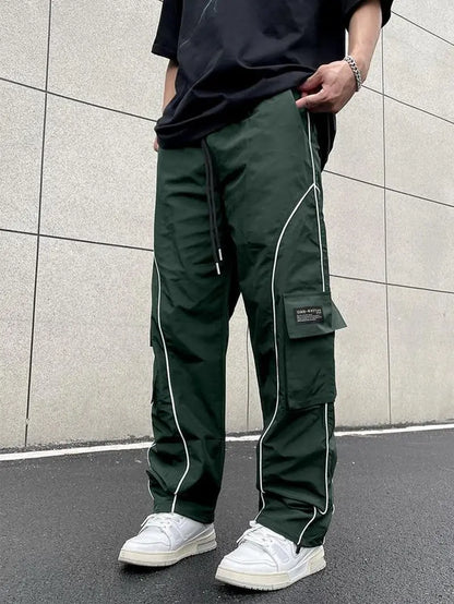 Men'S Loose Letter Patched Contrast Binding Pocket Detail Drawstring Cargo Pants, Mens Pants, Casual Trousers for Spring Fall Winter