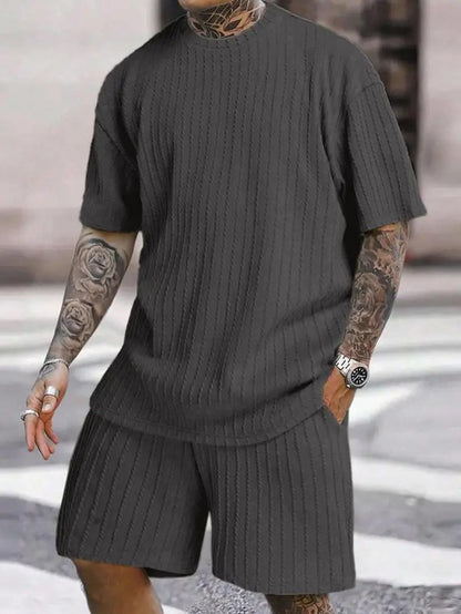 Men'S Summer Casual Set, Plain Shoulder Drop Tee & Drawstring Waist Pocket Shorts, Breathable Jacquard Fabric, Loose Fit, 2 Piece