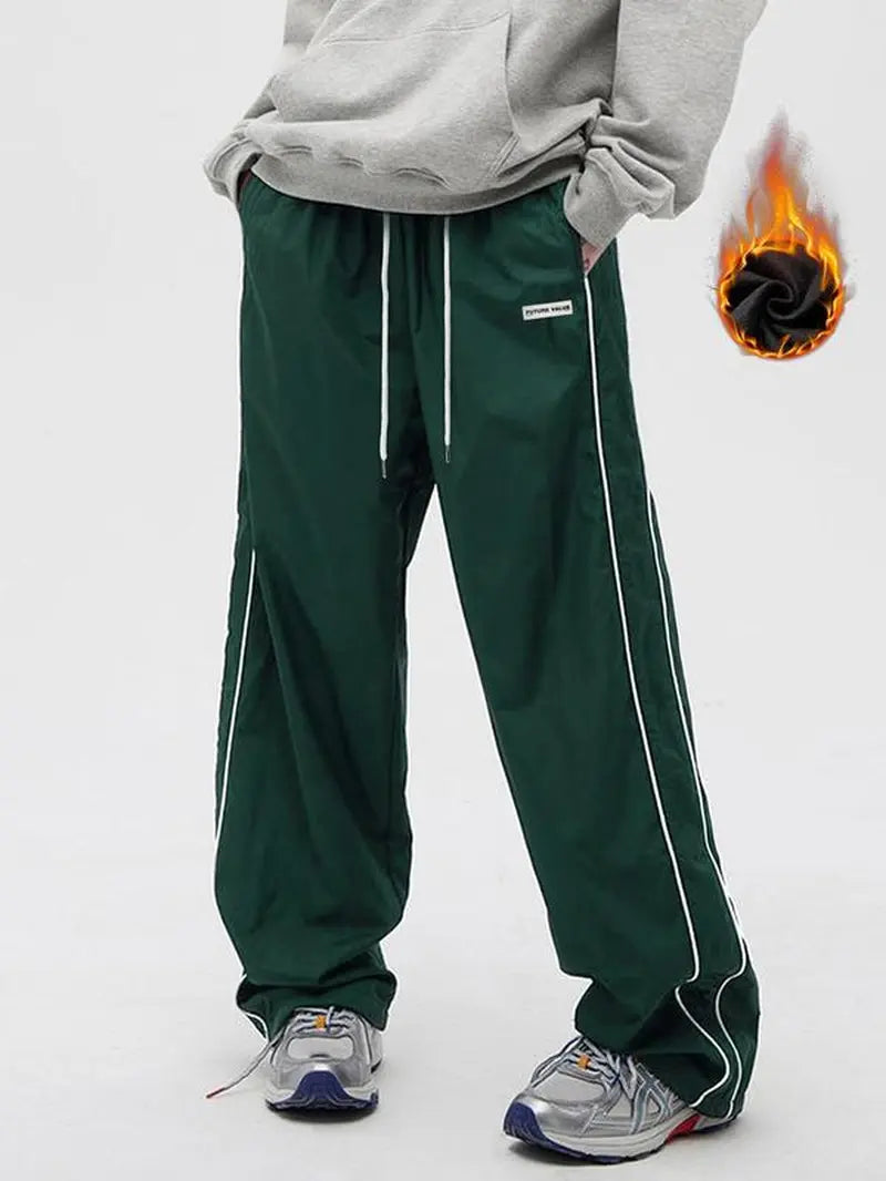 Men'S Side Stripe Drawstring Waist Straight Leg Pants, Casual Pocket Letter Patched Trousers for Fall & Winter, Loose Menswear, Drippy Outfits