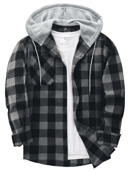 Men'S Plaid Print Button Front Drawstring Hooded Shirt, Regular Fit Casual Long Sleeve Pocket Top, Men'S Clothes for Daily Wear