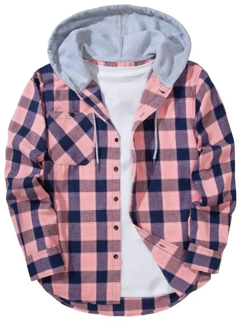 Men'S Plaid Print Button Front Drawstring Hooded Shirt, Regular Fit Casual Long Sleeve Pocket Top, Men'S Clothes for Daily Wear
