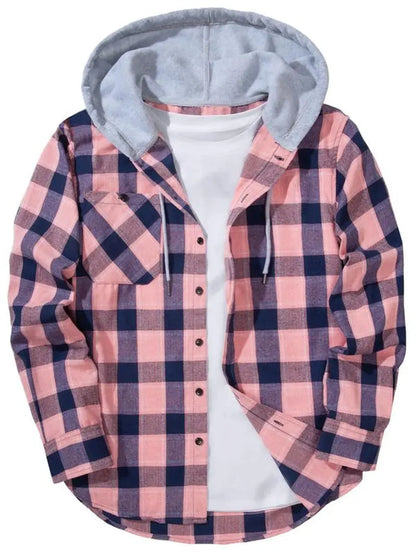 Men'S Plaid Print Button Front Drawstring Hooded Shirt, Regular Fit Casual Long Sleeve Pocket Top, Men'S Clothes for Daily Wear