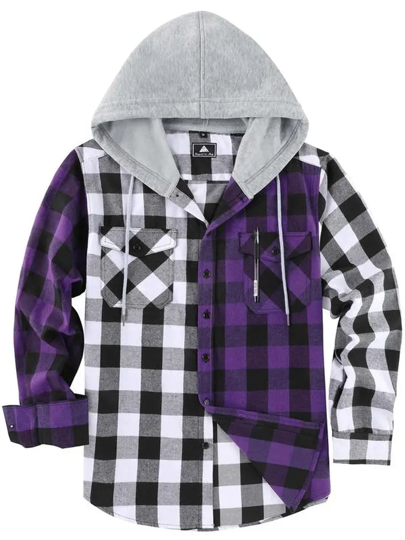 Men'S Plaid Print Button Front Drawstring Hooded Shirt, Regular Fit Casual Long Sleeve Pocket Top, Men'S Clothes for Daily Wear