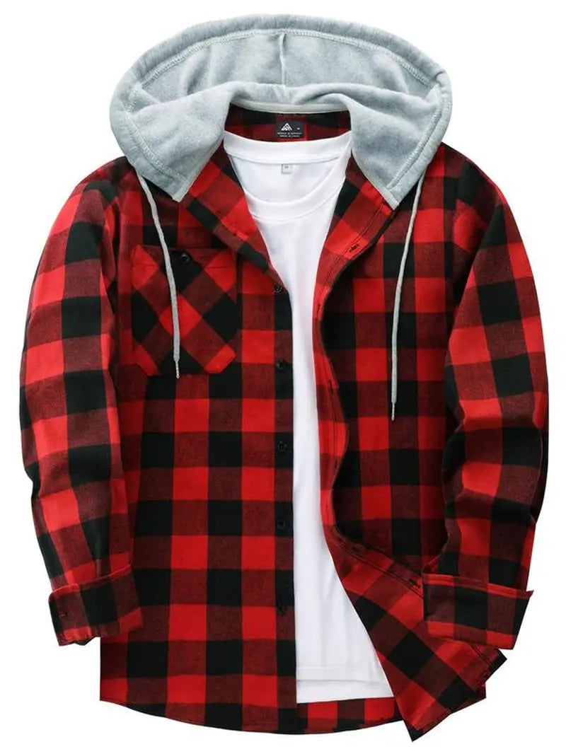 Men'S Plaid Print Button Front Drawstring Hooded Shirt, Regular Fit Casual Long Sleeve Pocket Top, Men'S Clothes for Daily Wear