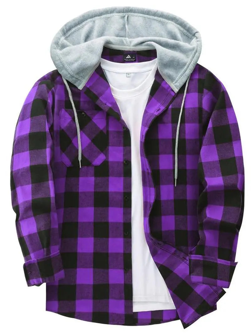 Men'S Plaid Print Button Front Drawstring Hooded Shirt, Regular Fit Casual Long Sleeve Pocket Top, Men'S Clothes for Daily Wear