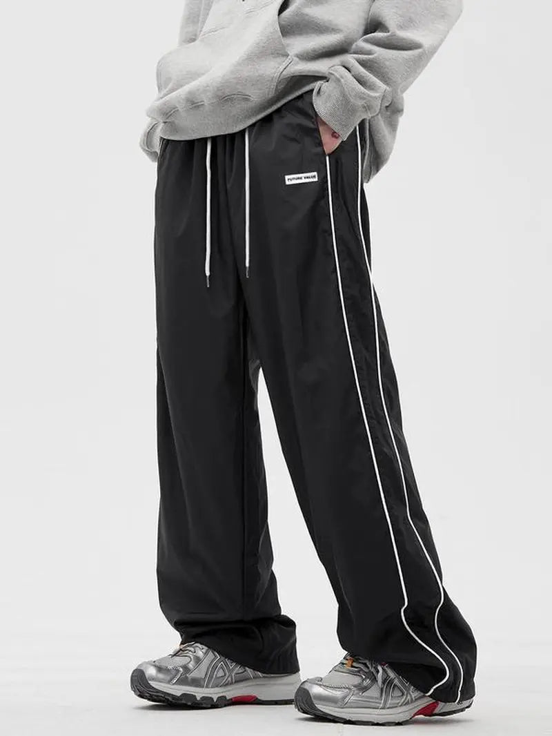 Men'S Side Stripe Drawstring Waist Straight Leg Pants, Casual Pocket Letter Patched Trousers for Fall & Winter, Loose Menswear, Drippy Outfits