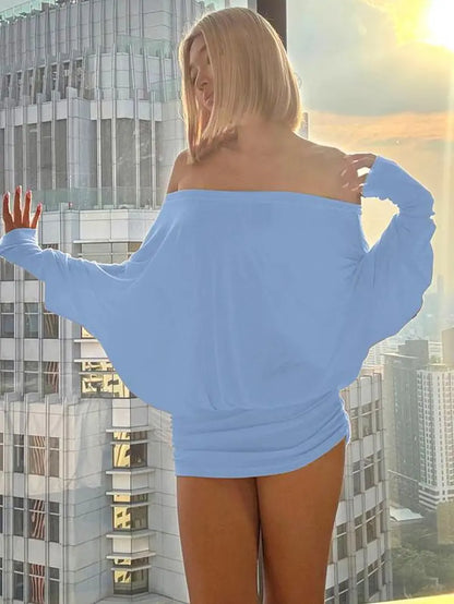 Women'S Solid off the Shoulder Sheer Ruched Dress, Fashion Casual Long Sleeve Mini Dress for Party Club Holiday, Women Dress for Spring & Fall