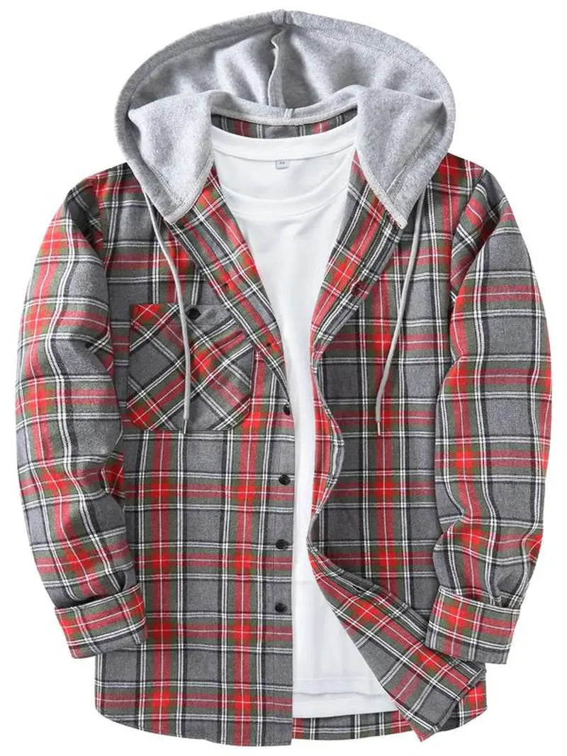 Men'S Plaid Print Button Front Drawstring Hooded Shirt, Regular Fit Casual Long Sleeve Pocket Top, Men'S Clothes for Daily Wear