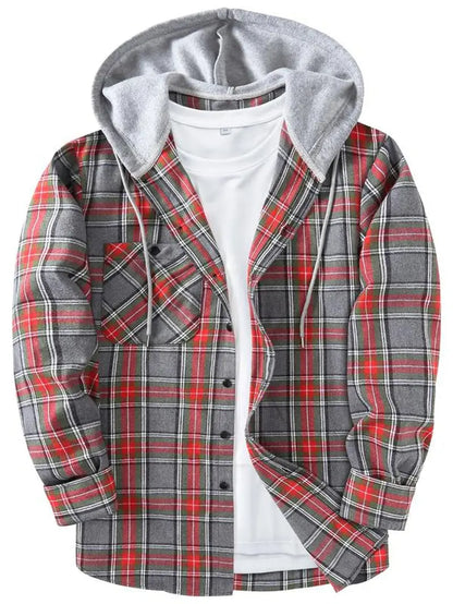 Men'S Plaid Print Button Front Drawstring Hooded Shirt, Regular Fit Casual Long Sleeve Pocket Top, Men'S Clothes for Daily Wear