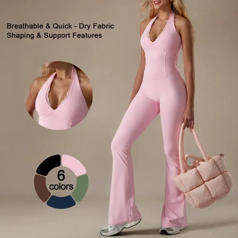 Timeoff Backless Halter Jumpsuit , Soft Stretch Fabric, Moisture-Wicking , Yoga, Gym & Active Lifestyle , Women'S Versatile Activewear Fitness Outfit Workout Apparel,Jumpsuit Women