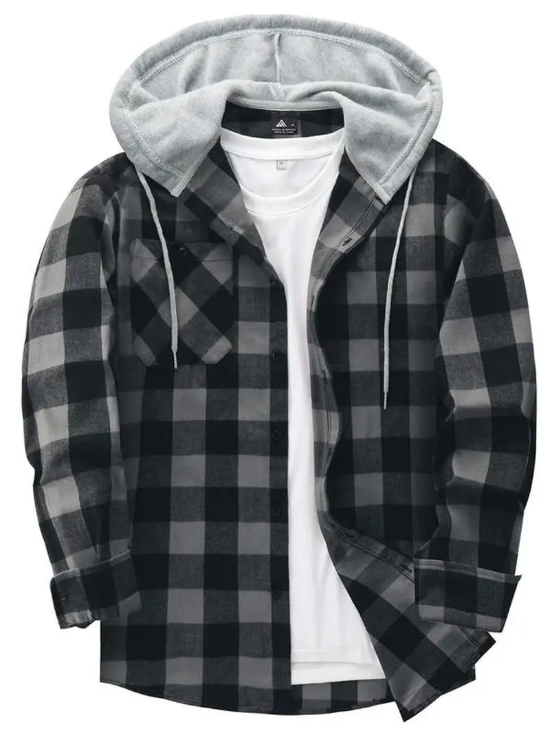 Men'S Plaid Print Button Front Drawstring Hooded Shirt, Regular Fit Casual Long Sleeve Pocket Top, Men'S Clothes for Daily Wear