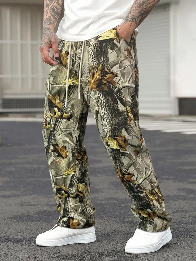 Men'S Side Stripe Drawstring Waist Straight Leg Pants, Casual Pocket Letter Patched Trousers for Fall & Winter, Loose Menswear, Drippy Outfits