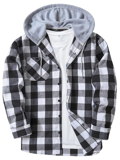 Men'S Plaid Print Button Front Drawstring Hooded Shirt, Regular Fit Casual Long Sleeve Pocket Top, Men'S Clothes for Daily Wear