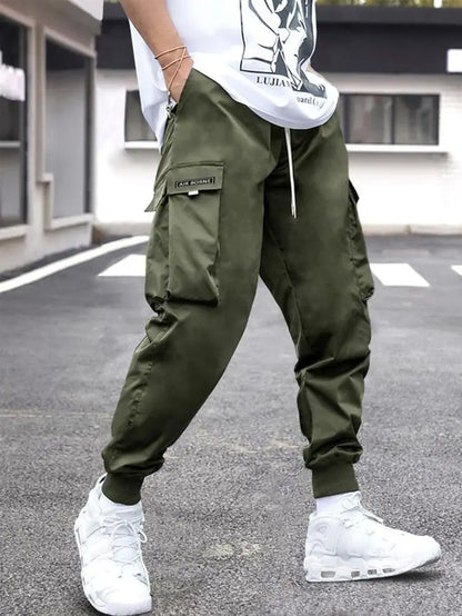 Men'S Flap Pocket Drawstring Cargo Pants, Loose Drawstring Waist Jogger Trousers, Summer, Men Clothes, Please Purchase a Size Up