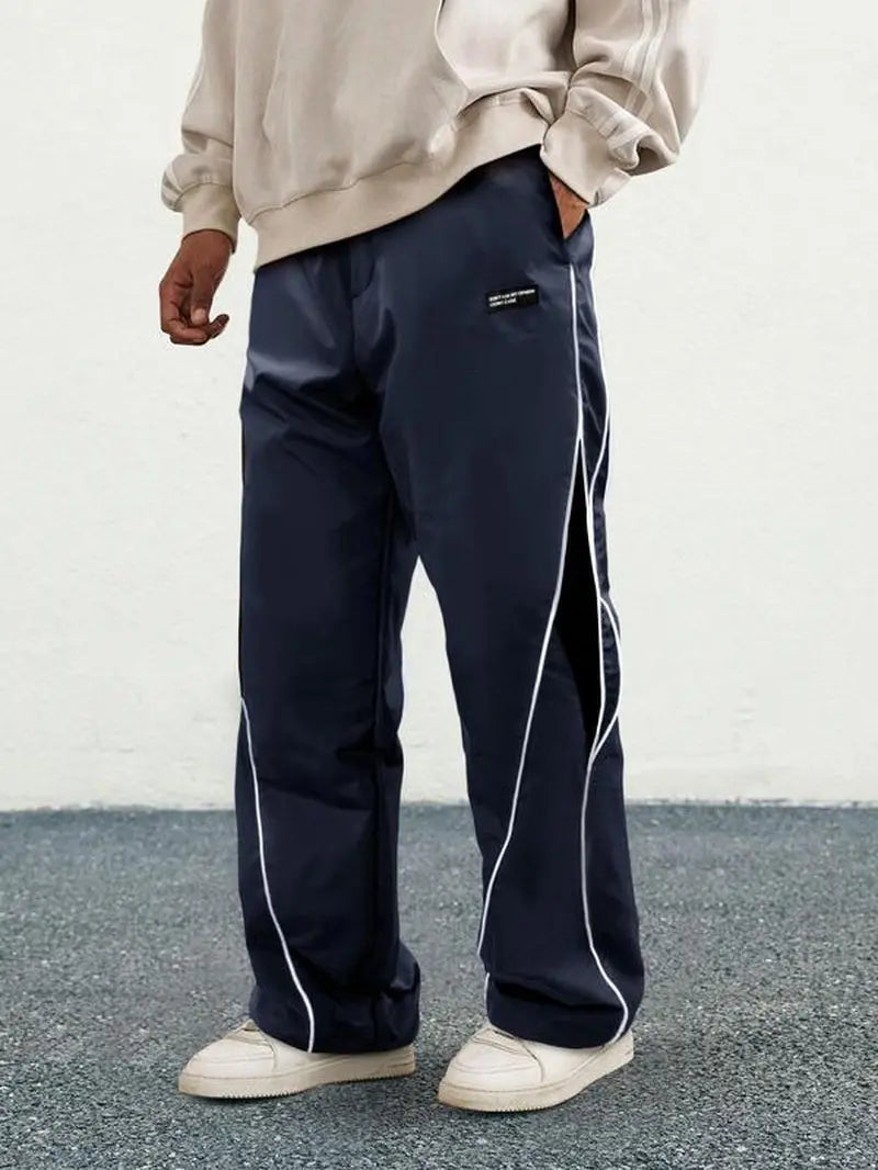 Men'S Side Stripe Drawstring Waist Straight Leg Pants, Casual Pocket Letter Patched Trousers for Fall & Winter, Loose Menswear, Drippy Outfits
