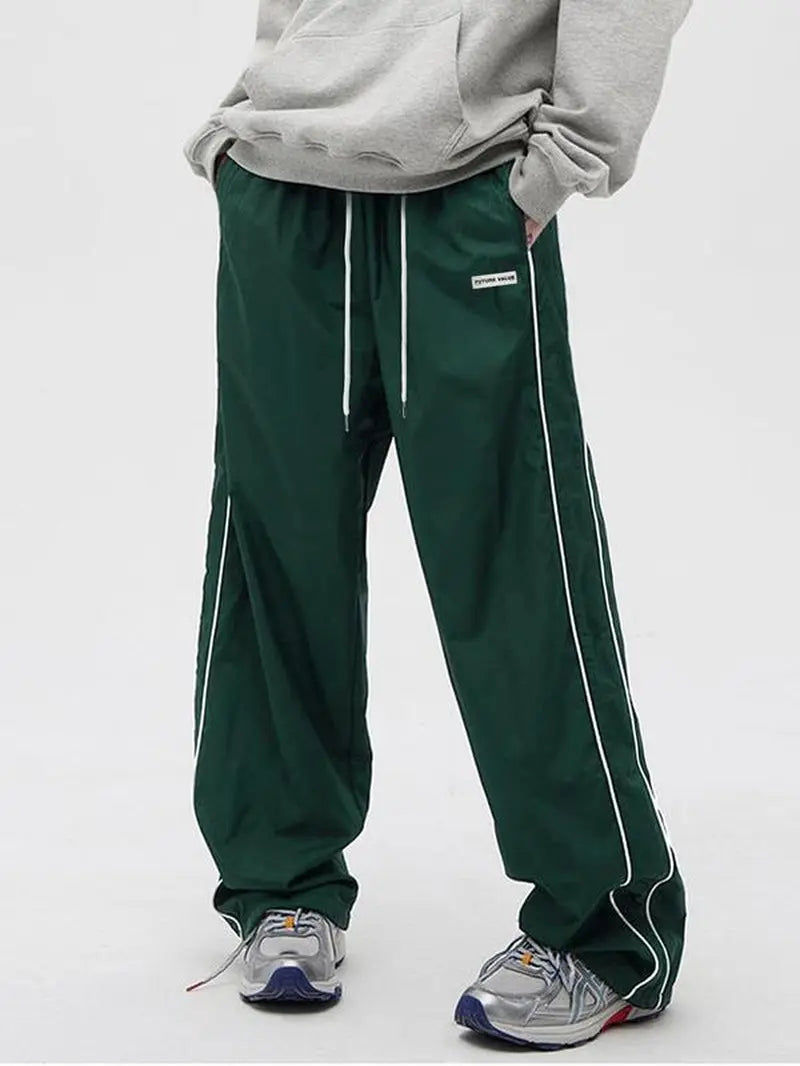 Men'S Side Stripe Drawstring Waist Straight Leg Pants, Casual Pocket Letter Patched Trousers for Fall & Winter, Loose Menswear, Drippy Outfits