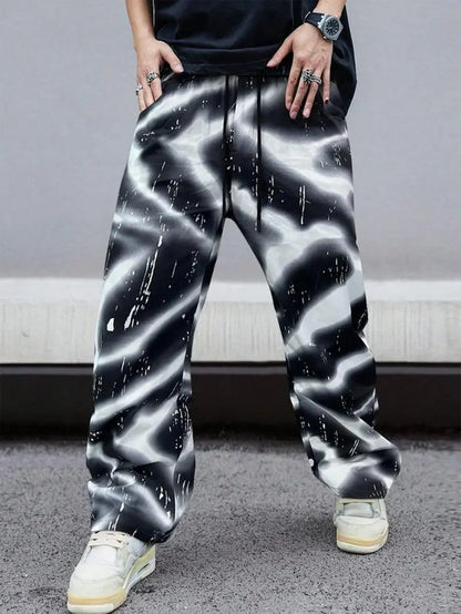 Men'S Side Stripe Drawstring Waist Straight Leg Pants, Casual Pocket Letter Patched Trousers for Fall & Winter, Loose Menswear, Drippy Outfits