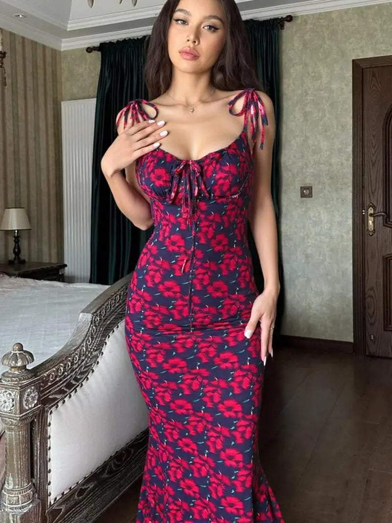 Women'S Ditsy Floral Print Backless Tie Shoulder Mermaid Dress, Elegant Tie Front Maxi Cami Bodycon Dress for Holiday Party, Summer Clothes Women, Summer Dresses for Women