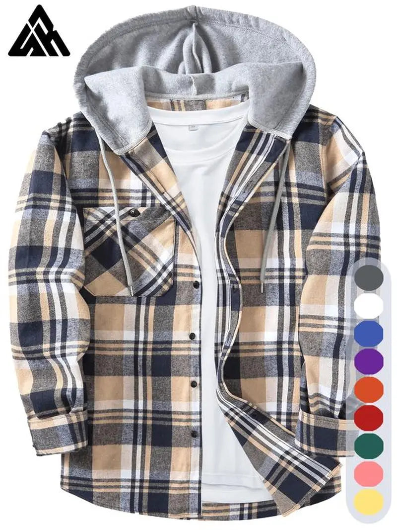 Men'S Plaid Print Button Front Drawstring Hooded Shirt, Regular Fit Casual Long Sleeve Pocket Top, Men'S Clothes for Daily Wear