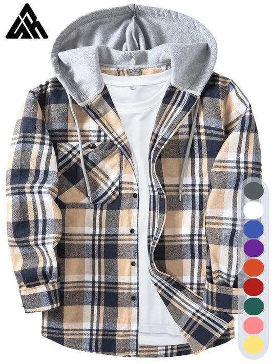 Men'S Plaid Print Button Front Drawstring Hooded Shirt, Regular Fit Casual Long Sleeve Pocket Top, Men'S Clothes for Daily Wear
