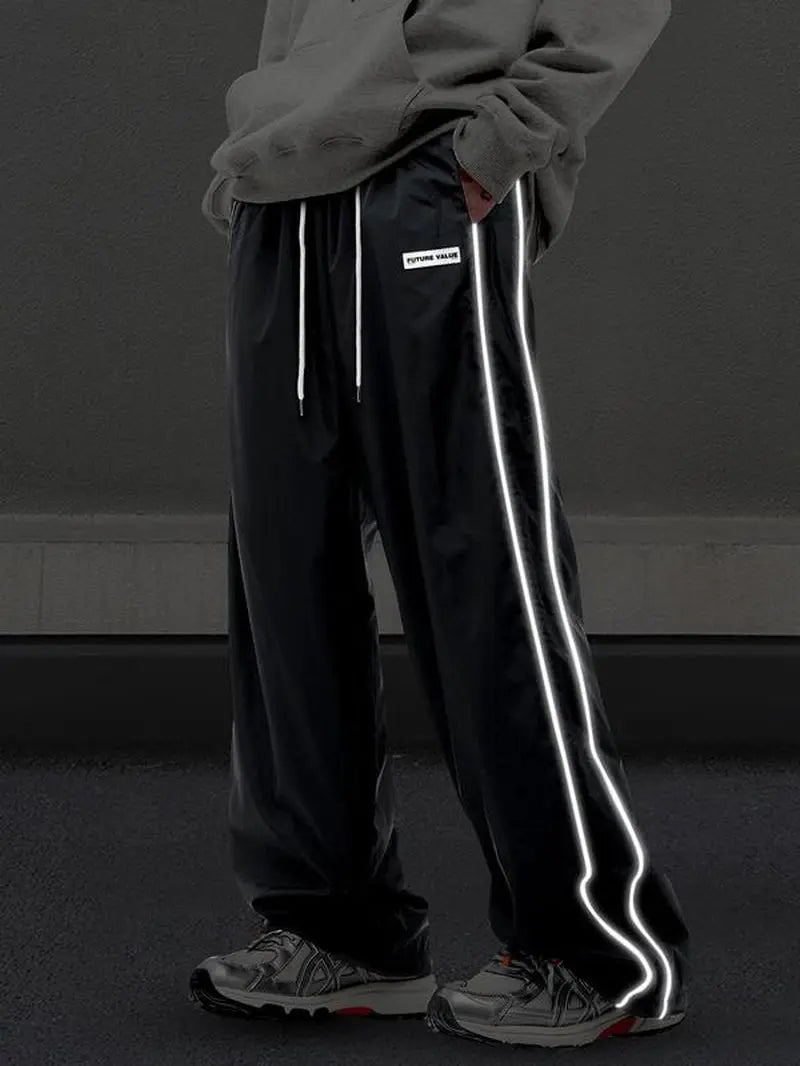 Men'S Side Stripe Drawstring Waist Straight Leg Pants, Casual Pocket Letter Patched Trousers for Fall & Winter, Loose Menswear, Drippy Outfits