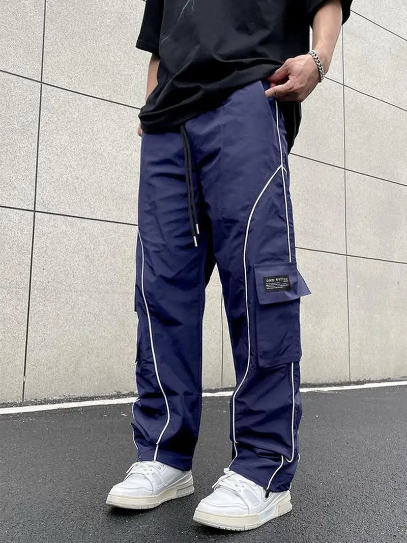 Men'S Loose Letter Patched Contrast Binding Pocket Detail Drawstring Cargo Pants, Mens Pants, Casual Trousers for Spring Fall Winter
